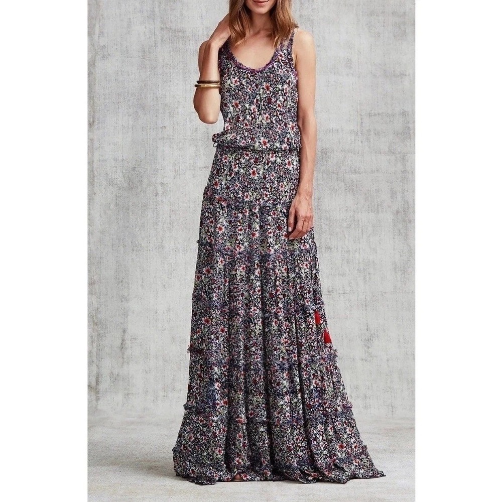 Poupette St. Barth Bety Tassel Tie Georgette Floral Maxi Dress Navy Azalea Small